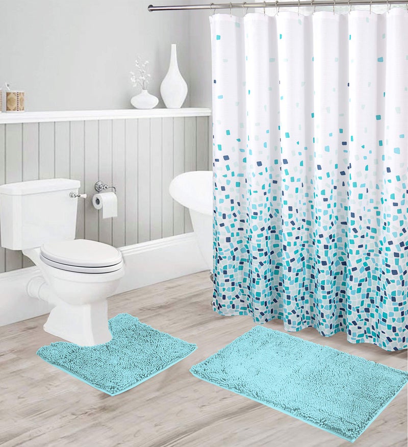 Linen Plus Chenille Soft Rug Anti-Slip Bath Set Includes Bath Mat, Contour Mat, Shower Curtain and Stainless Steel Roller Ball Hooks New # Jasmine (Aqua) - Image 1